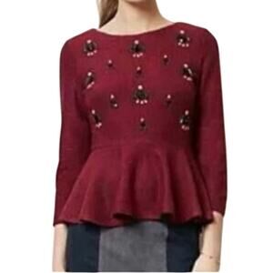 Dolce Vita Anthropologie Women's Gem Peplum Top Knit Burgundy Sweater sz Lg